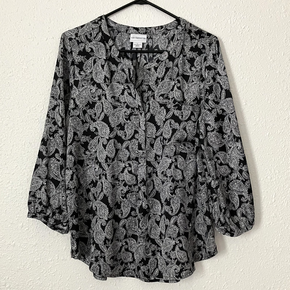 Liz Claiborne Paisley Blouse Sz L Black White Split V 3/4 Sleeve Top Career Boho